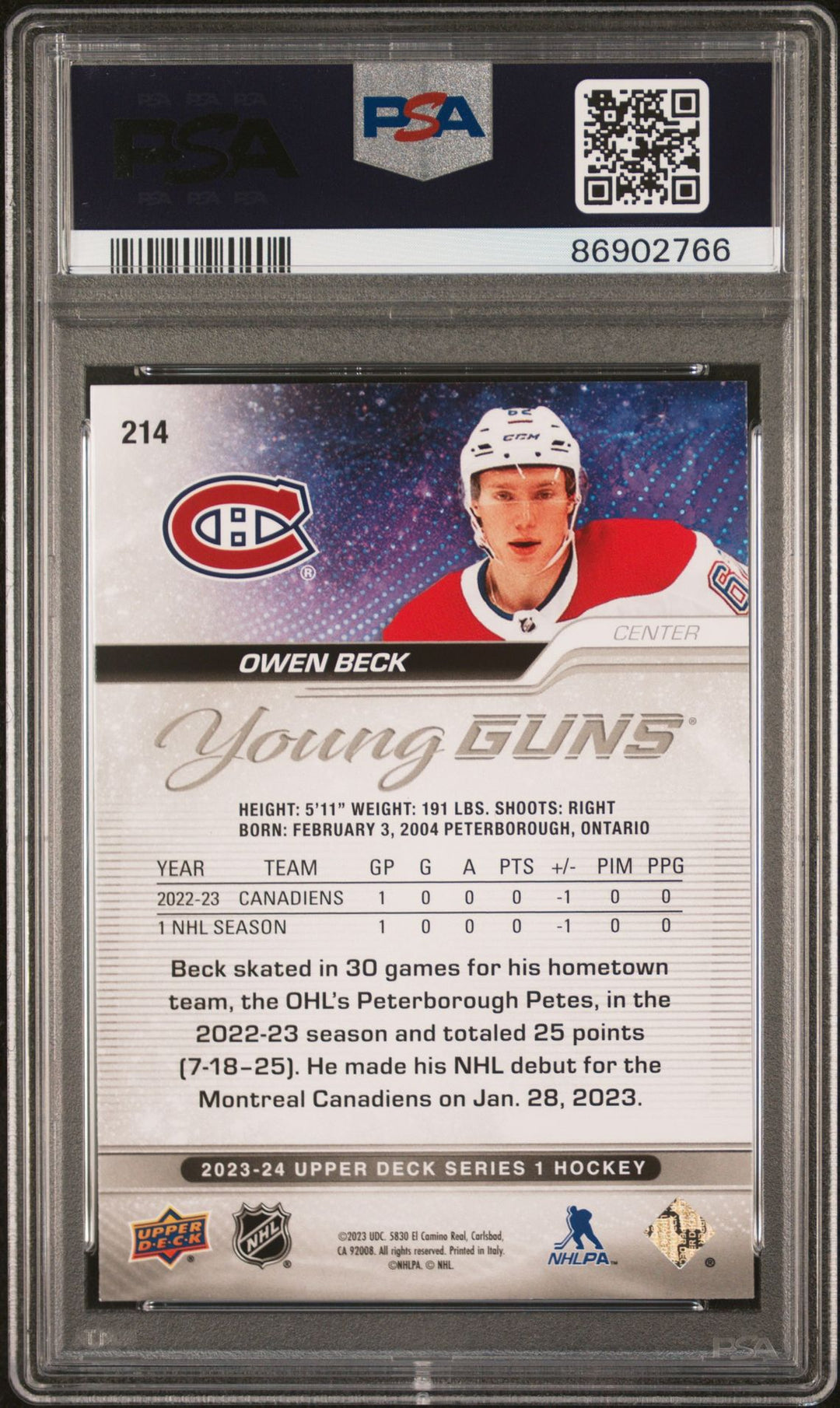 2023-2024 Upper Deck Series 1 - Owen Beck Young Guns PSA